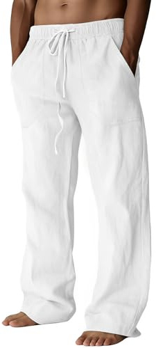 Puimentiua Mens Linen Trousers Casual Loose Fit Elasticated Waist Trousers | Men Summer Beach Pants with Large Pockets, Cotton Chinos Trousers Men