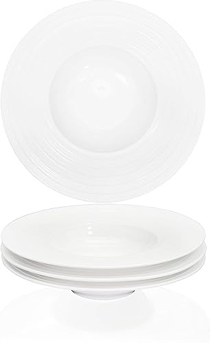 Creativity Home Ceramic Wide Rimmed Soup Plate, Soup Bowl 12 oz, Pasta Bowl Set of 4, White Shallow Bowl Plate with Rim, Best choice for high-end restaurants, hotels, and foodies,11.4 Inch Coil relief