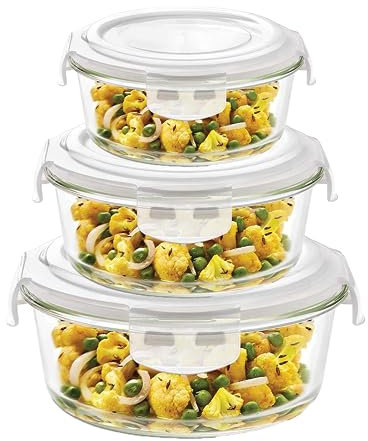 Glamified Set of 3 Stackable Glass Round Containers - Lunch Box for Food Storage, Freezer, Microwave & Oven - Dishwasher-Safe, BPA-Free Bowls - Airtight SnapLock Lids (Random colour)