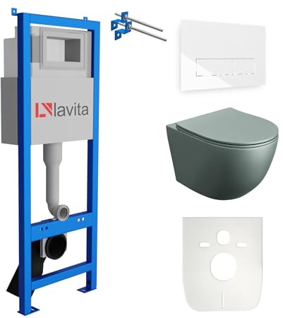 Lavita LAV 101 Vorwandelement für WC 40cm + Wand Hänge Tiefspül WC SINTO Grau Spülrandlos + Bedienplatte LAV 200.3.1 Weiß | Komplettset | Unterputz Spülkasten | Toilette Komplett Sett