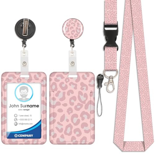 Leopard Pink Lanyard Card Holder, ID Badge, Lanyard Card Holder, Cordón Desmontable con Clip Retráctil para Llavero, Tarjeta de Visita, Tarjeta de Puerta, Tarjeta de Identificación