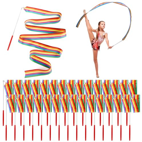 Jucoan 30 Pack Dance Ribbons Party Favor, 2 M/6.6 Ft Rhythmic Gymnastics Dancing Wands, Rainbow Party Favor, Birthday Party Supplies, Gymnastics Goodie Bag Stuffers