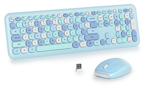 SbocKeeb Blue Keyboard and Mouse Wireless, Full-Size Cute Typewriter Silent Colorful Keyboard Mouse Combo 2.4G Cordless Connection, American QWERTY for Desktop, Laptop 666-Blue