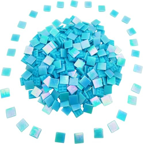 320 piastrelle a mosaico quadrate in vetro colorato iridescente, 500 g, per lavori fai da te, 1,5 cm, in vetro brillante, per artigianato artistico e decorazioni per la casa (blu cielo iridescente