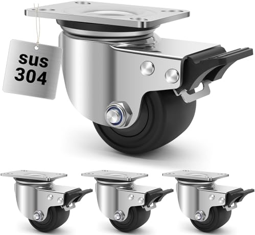W B D WEIBIDA 304 Stainless Steel Heavy Duty Caster Wheels, 3300lbs Capacity Per Set, 2.5 Inch Rust-Proof & Tougher Plate Swivel Caster with Brake, Quiet Low Gravity Center Nylon Industrial Castor