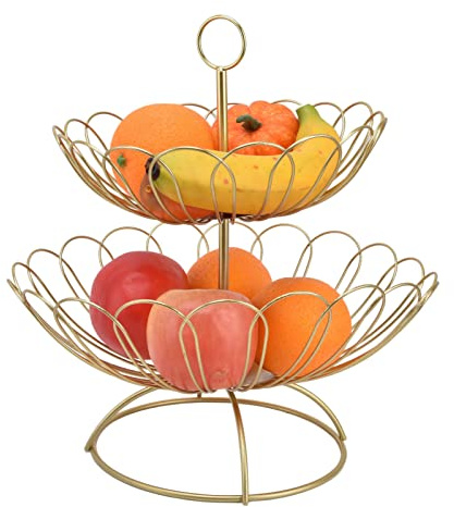 Akozon Cesta de Frutas de Hierro de Dos Niveles Minimalista Moderna Nórdica - Frutero Dorado Geométrico Desmontable Creativo para Decoración de Cocina y Sala de Estar