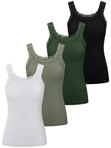 Lasnten 4 Stück Spitze Camisole Tank Tops für Frauen Geripptes Cami Top Lacework Unterhemd Patchwork Tank Spitzenbesatz Cami, Schwarz, Weiß, Dunkelgrün, Olivgrün, Klein