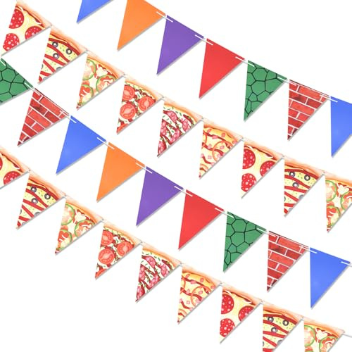 4 Piezas Banderín de Pizza y Banderín de Tortuga, 3m Preencordado Banderín de Pizza Guirnalda Decoraciones de Fiesta de Tortuga para Fiesta de Cumpleaños Decoraciones Colgantes Suministros