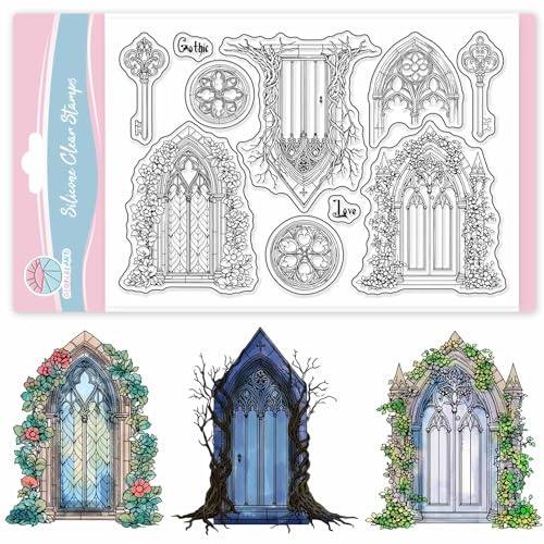 GLOBLELAND Gotischer Architektur Silikonstempel Vintage Stil Transparente Stempel Blumen Türschlüssel Klare Stamps Für Karten Herstellung DIY Scrapbooking Basteln