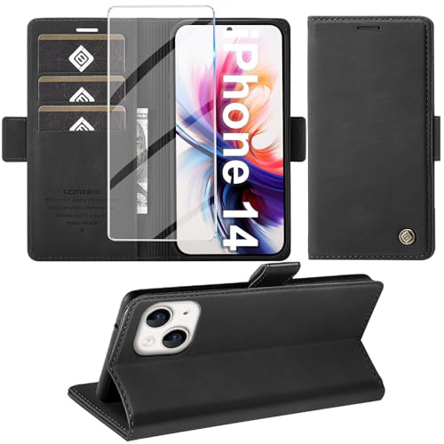 Giyer Cover per iPhone 14/13 Custodia con Vetro Temperato, Premium PU Portafoglio Slot per Scheda RFID Antifurto Funzione Supporto Flip Case, Antiurto per iPhone 14/13 5G Cover (Nero)