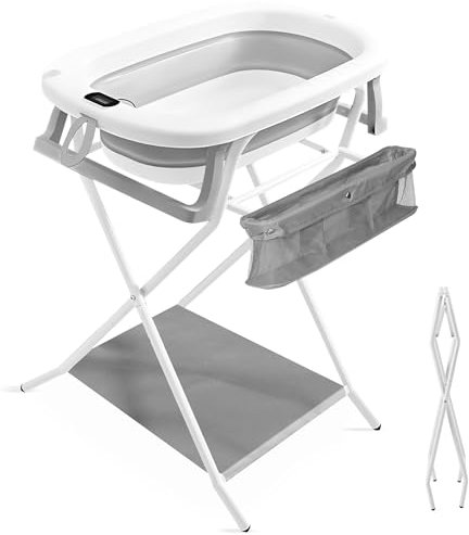 JUPPLIES Bañera Plegable Bebé con Estructura Metálica y Tubo de Drenaje - Bañera con Cojín Ergonómico, Patas Antideslizantes y Termómetro Digital (Gris)