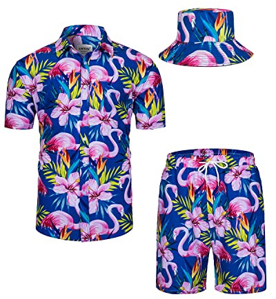 LKHVGY Conjunto de camisas y pantalones cortos hawaianos para hombre, 2 piezas, trajes de playa con estampado de flores, traje tropical de verano con sombreros de pescador, Blue205, XL