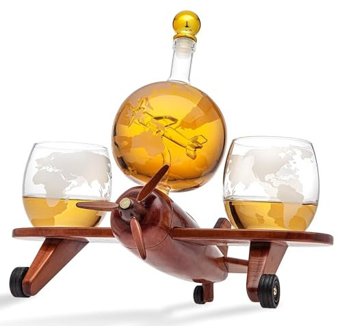 Whisky Karaffe - Whisky Dekanter, Whiskys-Weinset In Kugelform Mit Goldetikett, Flugzeug-Globus-Set, Weinspender Mit Glasstopfen, 2 Geätzte Globusgläser, Weingefäß Aus Glas