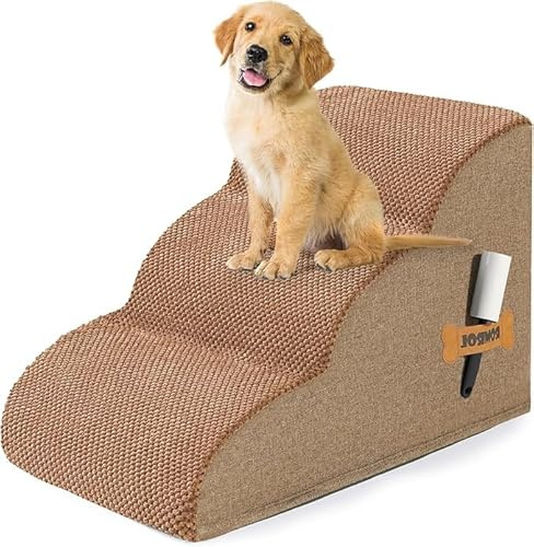 ROMROL Hundetreppe 3 Stufen – rutschfeste Haustiertreppe für kleine Hunde & Katzen – Waschbarer Bezug, Hochdichter Memory-Schaum – Weiche Einstiegshilfe für Sofa & Bett – Gelenkschonend, Braun