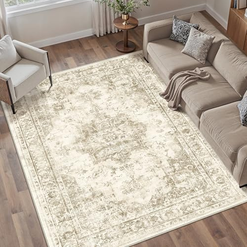 PureCozy 160x230 cm Beige Washable Rugs for Bedroom Living Room, Vintage Soft Area Rugs with Non-Slip Backing, Machine Washable, Lightweight Low-Pile Carpet for Kitchen, Office, Dining Room