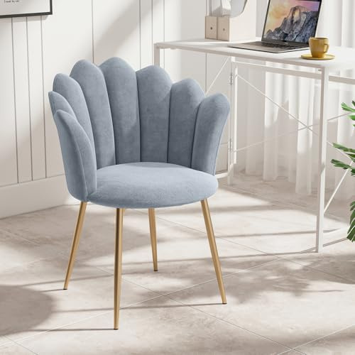 Luxstein Schminktisch Stuhl, Samt Sessel mit Goldenen Metallbeinen | Eleganter Muschel Stuhl Relaxsessel für Wohnzimmer Schlafzimmer, Grau