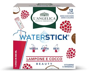 L'Angelica, Waterstick, Gusto Lampone e Cocco, Beauty, Con Vitamine e Minerali, Contro Stanchezza e Affaticamento, Zero Zuccheri & Zero Calorie, Senza Conservanti, 1 Astuccio da 12 Stick