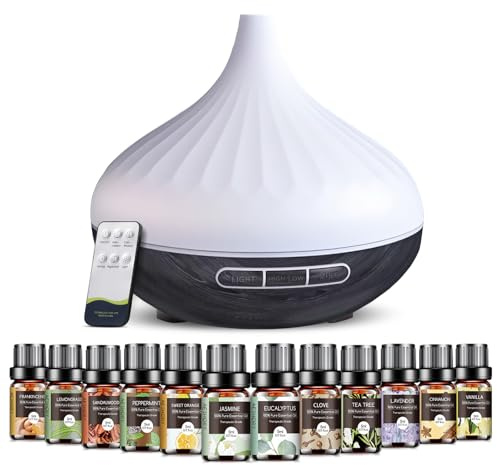 Aeshory Difusor Aceites Esenciales para Humidificador, Difusor Aromaterapia con 12 X 5ml Aceites Esenciales, Ambientadores de Hogar con Control Remoto, LED de 7 Colores y Temporización, Regalos Mujer