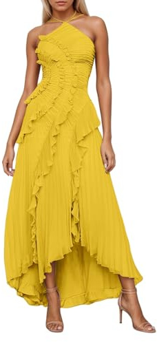 Generisch Vestido sin mangas para mujer con banda en el cuello, monocolor, vestido de gasa, elegante vestido largo con ribete de volantes, diseño envolvente, abertura lateral, moderno, vestido de
