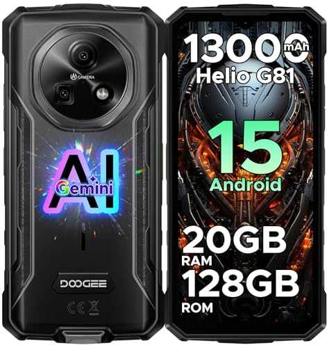DOOGEE FIRE5PRO Téléphone Portable Incassable Android 15, 20Go + 128Go/TF 2TB, 13000 mAh, 6,6’’HD+ IPS, Caméra 13MP, Octa-Core Smartphone Incassable, IP68/IP69K/NFC/Face ID/3 Fentes pour Cartes