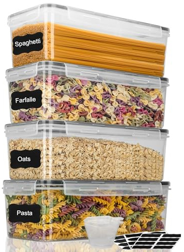 Withosent 3.2L Vorratsdosen Luftdicht Set, 4er Spaghetti Aufbewahrung Pasta Vorratsbehälter, Aufbewahrungsbox Küche mit Deckel Kunststoff für Nudeln, Müsli, Cornflakes, mit Löffel & Etiketten