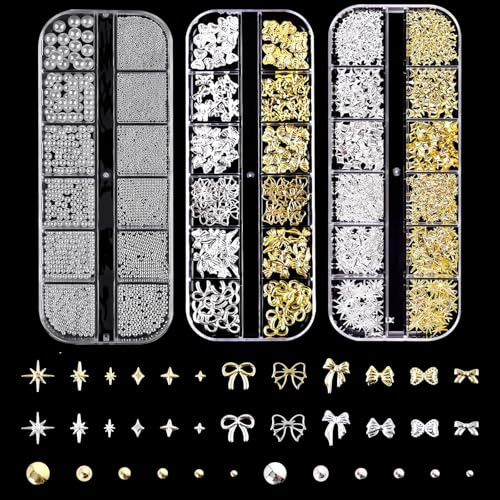 Cajas de Abalorios para Uñas,3 PCS Colgantes y Adornos 3D para Uñas Estrellas Mariposas Metal en Dorado y Plateado Piedras Strass Caja de Pedrería para Decoración de Manicura y Arte de Uñas