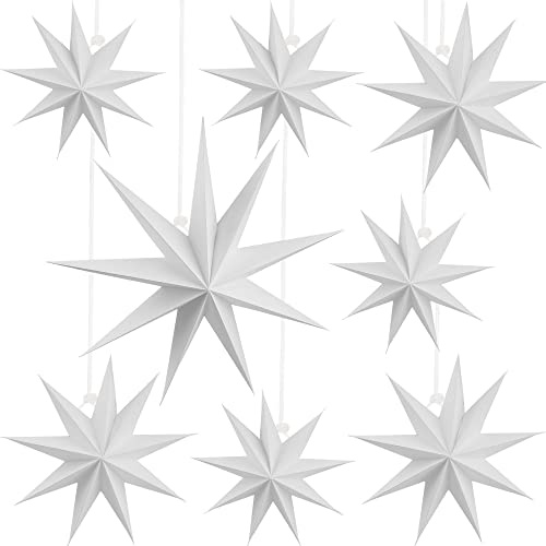Cotiny 8 Pieces 3D Paper Stars Paper Star Lantern Christmas White 9-Pointed Star Hanging Decorations for Weddings Christmas Birthday Party Home Decor, 3 Size