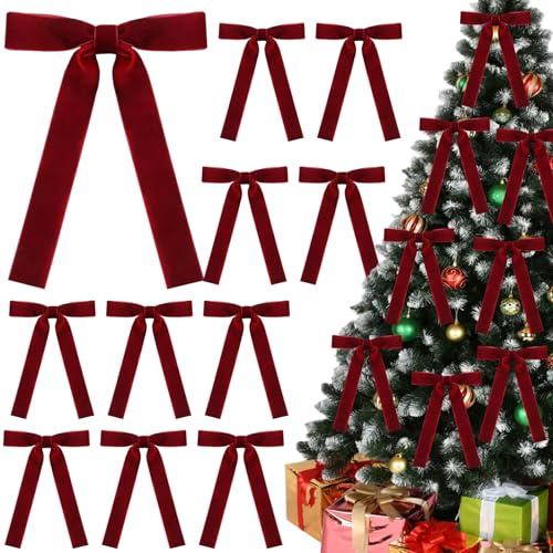 12 Pcs Christmas Velvet Bows, Bows for Christmas Tree Decorations, Velvet Bow Xmas for Tree Wreath Tie for Home Indoor Decor Outdoor Xmas Decorations (Burgundy)
