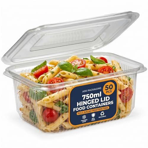 Ask Packaging 50 x 750ml Clear Food Containers with Lids Reusable – Hinged Lid Takeaway Containers, Re-usable, BPA-Free, Freezer Safe, Stackable – Pasta Salads, Full Salads & Catering Portions
