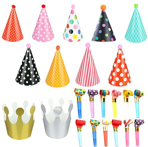 SongBuydn Partyhüte, 23-teiliges Geburtstags-Set mit Kronen, Partyhüten und Tröten für Kinder und Erwachsene, Ideal für Kindergeburtstage, Feste und Themenpartys