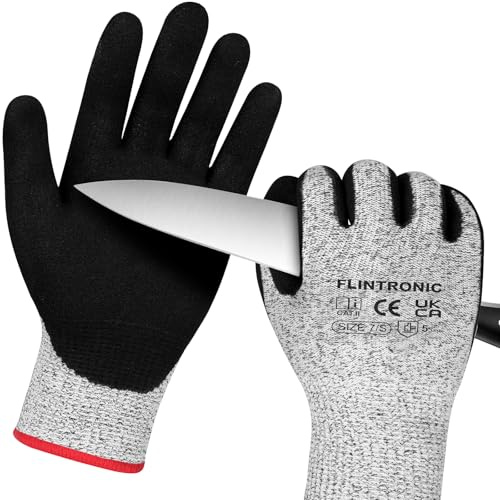 flintronic Guantes Anticorte (1 par), Nivel 5 Guantes Resistentes al Corte, Recubrimiento de Espuma Duradero de Nitrilo, Guantes Anticortes Policiales, para Cuchillos, Tallar Madera, Gris(S)