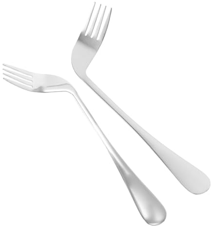 Tenedor de Comer en Ángulo para Mayores, 2 Piezas de Acero Inoxidable | Color Plata, Mango de Codo Cómodo, Formato Auxiliar para Mesa, Adecuado para Cumpleaños y Navidad