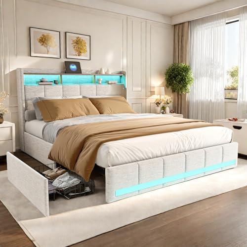 SUNFECILI Polsterbett 180x200cm, Doppelbett mit LED und USB, Stauraumbett mit 4 Schubladen und Kopfteil, Bettgestell mit Lattenrosten, für Erwachsene und Jugendliche