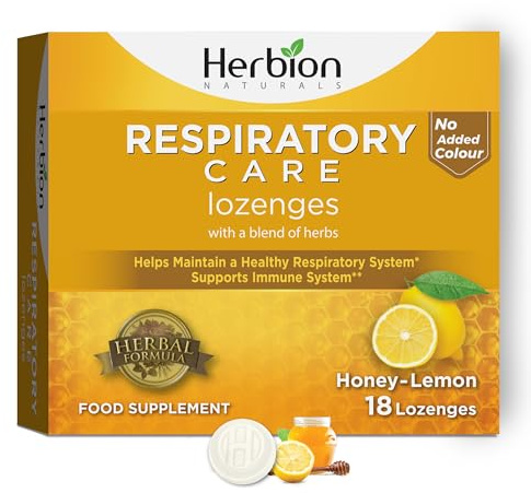 Herbion Respiratory Care Lozenges, Honey Lemon Flavour, Herbal Blend for Throat Comfort & Respiratory Wellness, 18 Lozenges, No Added Colours