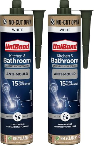 UniBond Anti-Mould Kitchen & Bathroom Sealant White, Waterproof Silicone for Baths, Showers & Sinks, High Strength Flexible Seal, Mould-Resistant & Long-Lasting Finish, 280 ml Cartridge (Pack of 2)