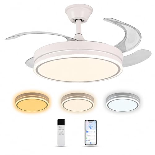 Don Feliz Ventilador de techo LED con aspas retráctiles, 6 velocidades, lámpara de techo, motor DC, mando a distancia, app móvil, luz regulable, ventilador para salón, dormitorio y habitación