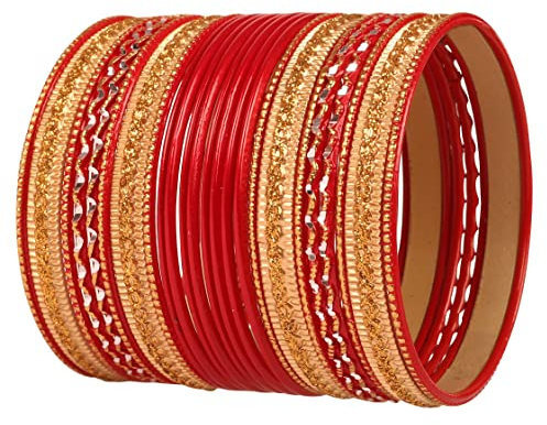 Touchstone NEW Colorful 2 Dozen Bangle Collection Indian Bollywood Alloy Metal Textured Hot Red Designer Jewelry Special Large Size Bangle Bracelets Set Of 24 In Antique Gold Tone For Women