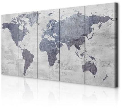 decomonkey Bilder Weltkarte 225x90 cm 5 Teilig Leinwandbilder Wandbild grau | Bild auf Leinwand, Kunstdruck, Wanddeko, Wohnzimmer, Wanddekoration, Steineffekt, Kontinente, Map, Welt