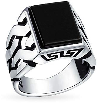 Gemstones Cuban Curb Link Chain Band Black Onyx Rectangle Signet Ring For Men .925 Sterling Silver Handmade In Turkey