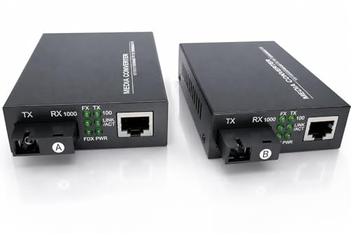 Elfcam® - 2 Stück Gigabit Ethernet LWL Medienkonverter Glasfaser 10/100/1000 Mbps inklusive Mini-GBIC (SFP) zum Anschluß von LWL-Singlemode Kabeln mit SC-Steckern 20KM, (1 RJ45-Port * 1 RJ45-Port)