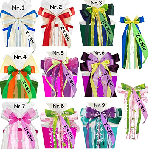 alles-meine.de GmbH große Schleife - für Schultüte - blau - grün & gelb - inkl. Name - 50 cm lang - mit edlen Satin Bändern + Tüllband - für Geschenk und Zuckertüte - Geschenkban..