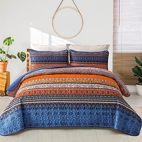 WONGS BEDDING Boho Fall Queen Quilt Set, Blue and Orange Bohemian Queen Quilt Bedding Set, Lightweight Microfiber Bed Decor Bedspread for All Season 96x90(3 Pieces)