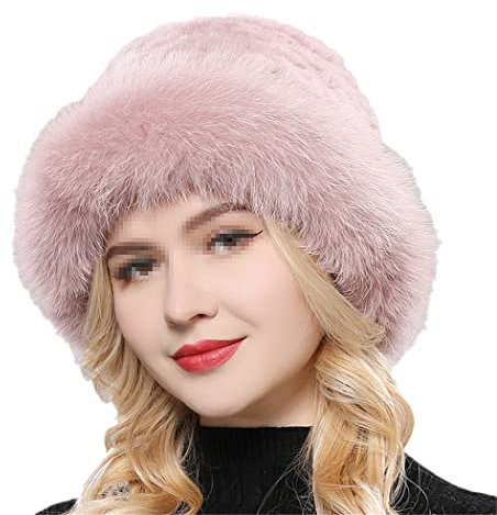 keusyoi Luxuriöse Damen-Strickmütze mit Pelz-Mütze für Damen, Mütze aus massivem Fell, für den Winter, Party, Fell, Mode