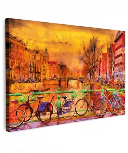 MuchoWow© Leinwände Groß XXL Wall Decoration Bilder Schlafzimmer Deko | 120x80 cm - Pictures Canvas Painting Wanddekoration Wohnzimmer Kunstdruck - Gemälde - Fahrrad - Amsterdam - Kanal - Ölgemälde