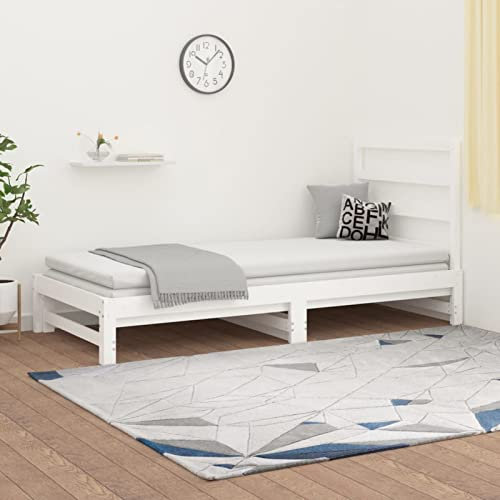 Homgoday Tagesbett Ausziehbar Ausziehbett Bettsofa Sofabett mit Lattenrost Schlafsofa Holzbett Jugendbett Gästebett für Schlafzimmer Wohnzimmer Weiß 2X(90x200) cm Massivholz Kiefer