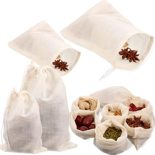 Boao 24 Pcs Spice Cooking Cheesecloth Bags for Straining Reusable Empty Tea Drawstring Soup Muslin Bags(3 x 4 Inch, 4 x 6 Inch)