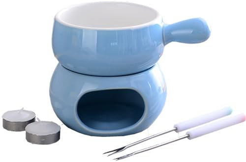 BURLOE Set De Cerámica Fonduetopf, Set De Fondue De Cocina con Tazas De Queso De Chocolate con Horquillas De Crisol De Porcelana para Fiesta De Chocolate 300 Ml,Azul