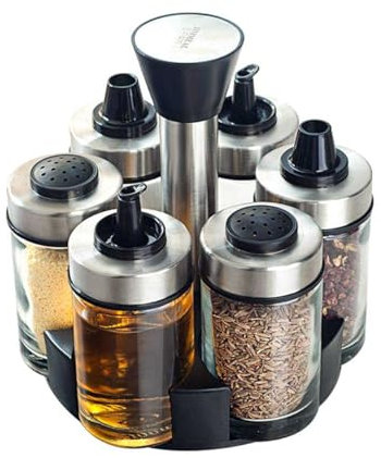 Home Kitchen Spice Rack, 6 Piece Oil and Vinegar Salt & Pepper Cruet Bottle Sets - 360 Degree Rotate Durable Glass Stainless Steel Lead-Free Olive Oil Dispenser Carafe Decanter for Kitchen