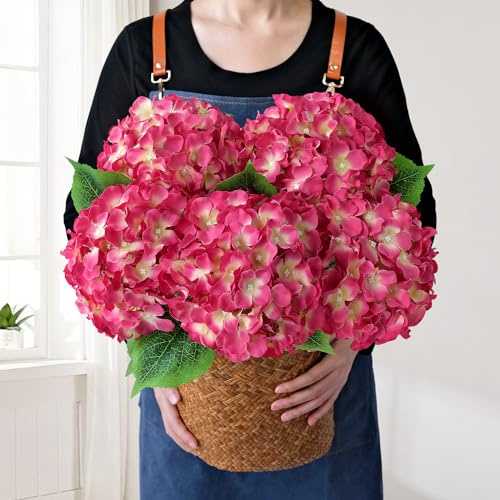 JINWOE Fiori artificiali di ortensia rosa magenta, 50 cm, grandi fiori rosa realistici, ortensie artificiali completamente finte con steli per bouquet, centrotavola, casa