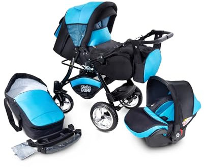 GaGaDumi Urbano Kinderwagen 3 in 1 Komplettset mit Autositz - Baby Stroller TÜV - Kombikinderwagen Voll-Gummireifen - Blau Schwarz
